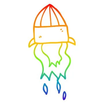 Rainbow gradient line drawing cartoon rocket launch Stock Illustration