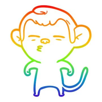 Rainbow gradient line drawing cartoon suspicious monkey Stock Illustration