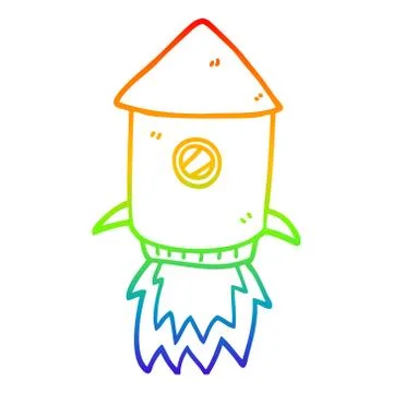 Rainbow gradient line drawing cartoon space rocket Stock Illustration
