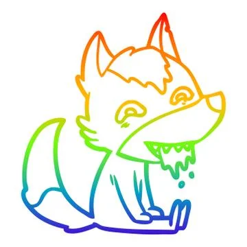 Rainbow gradient line drawing cartoon hungry wolf sitting waiting 스톡 일러스트