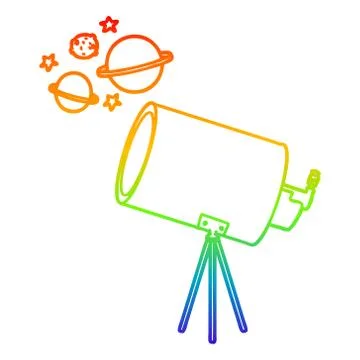Rainbow gradient line drawing cartoon telescope looking at planets Illustrazione stock