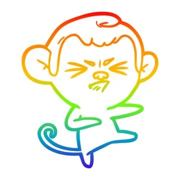 Rainbow gradient line drawing cartoon angry monkey Stock Illustration