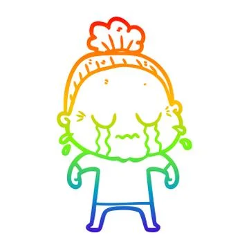 Rainbow gradient line drawing cartoon crying old lady Illustrazione stock
