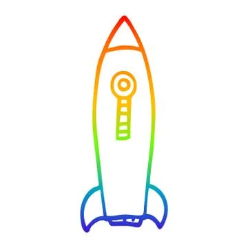 Rainbow gradient line drawing cartoon space rocket Stock Illustration