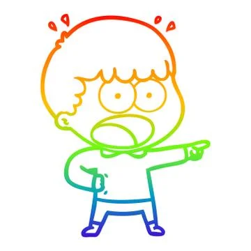 Rainbow gradient line drawing cartoon shocked man pointing Stock Illustration