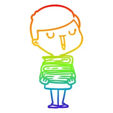 Rainbow gradient line drawing cartoon happy boy with stack of books Stock Illustration