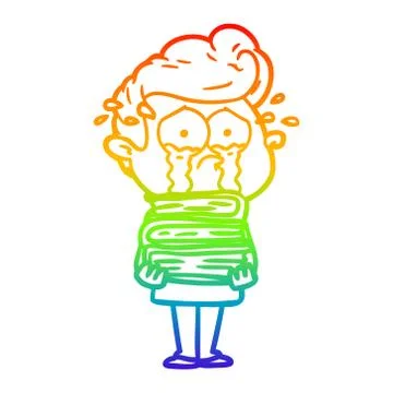 Rainbow gradient line drawing cartoon crying student with stack of books Stock Illustration