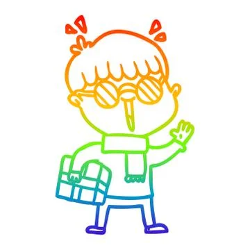 Rainbow gradient line drawing cartoon boy with parcel waving Illustrazione stock