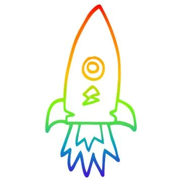 Rainbow gradient line drawing cartoon space rocket Stock Illustration