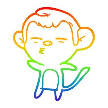 Rainbow gradient line drawing cartoon suspicious monkey Stock Illustration