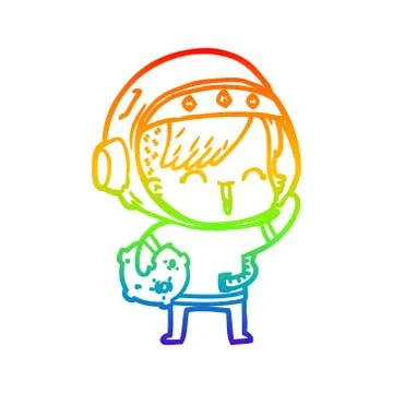 Rainbow gradient line drawing cartoon happy spacegirl holding moon rock Ilustração Stock
