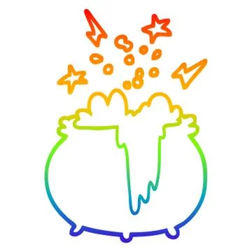 Rainbow gradient line drawing cartoon witchs cauldron Ilustração Stock