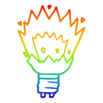 Rainbow gradient line drawing cartoon exploding light bulb Stock Illustration