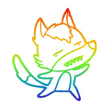 Rainbow gradient line drawing cartoon wolf showing teeth whilst dancing Stock Illustration