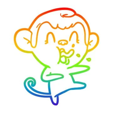 Rainbow gradient line drawing crazy cartoon monkey dancing Stock Illustration