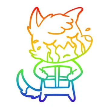 Rainbow gradient line drawing crying fox cartoon with parcel Ilustração Stock
