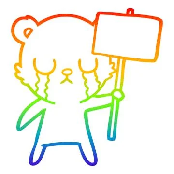 Rainbow gradient line drawing crying cartoon bear with sign Illustrazione stock