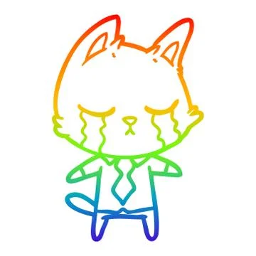 Rainbow gradient line drawing crying cartoon office worker cat Stock Illustration