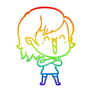 Rainbow gradient line drawing cute cartoon happy vampire girl Stock Illustration