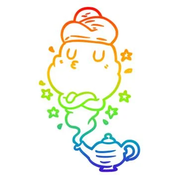 Rainbow gradient line drawing cute genie rising out of lamp Ilustração Stock