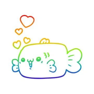 Rainbow gradient line drawing cute cartoon fish with love hearts Stock Illustration
