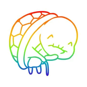 Rainbow gradient line drawing cute old turtle with walking stick Stock Illustration
