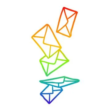Rainbow gradient line drawing envelopes falling Stock Illustration