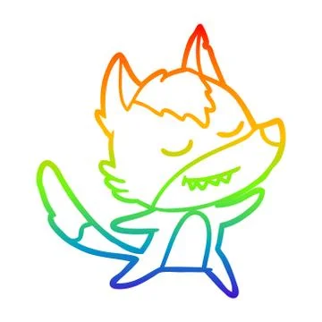 Rainbow gradient line drawing friendly cartoon wolf dancing Stock Illustration