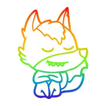 Rainbow gradient line drawing friendly cartoon wolf sitting イラスト素材