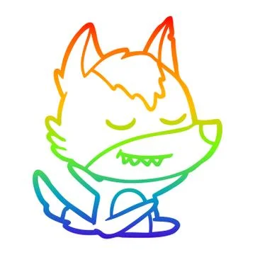 Rainbow gradient line drawing friendly cartoon wolf sitting イラスト素材