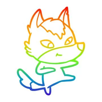Rainbow gradient line drawing friendly cartoon wolf dancing Stock Illustration