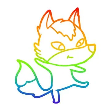 Rainbow gradient line drawing friendly cartoon wolf dancing Stock Illustration