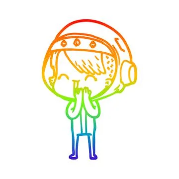 Rainbow gradient line drawing giggling cartoon space girl Stock Illustration