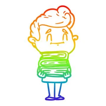 Rainbow gradient line drawing happy cartoon man with stack of new books Stock Illustration