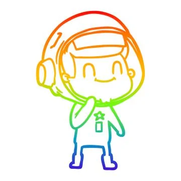 Rainbow gradient line drawing happy cartoon astronaut Stock Illustration