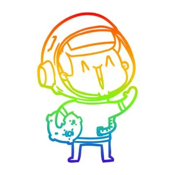 Rainbow gradient line drawing happy cartoon astronaut with moon rock Ilustração Stock