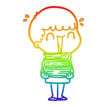 Rainbow gradient line drawing laughing cartoon man holding stack of books Stock Illustration