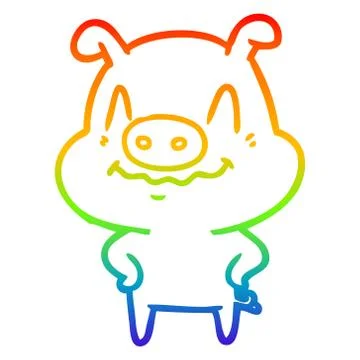 Rainbow gradient line drawing nervous cartoon pig Stock Illustration
