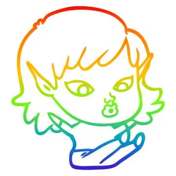 Rainbow gradient line drawing pretty cartoon elf girl Stock Illustration