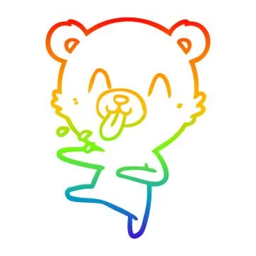 Rainbow gradient line drawing rude cartoon dancing polar bear sticking out to Stock Illustration