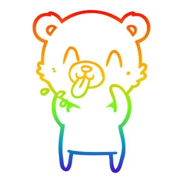 Rainbow gradient line drawing rude cartoon polar bear sticking out tongue Stock Illustration