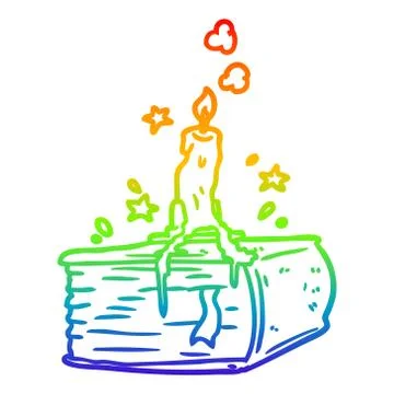 Rainbow gradient line drawing spooky spellbook with dribbling candle Ilustração Stock