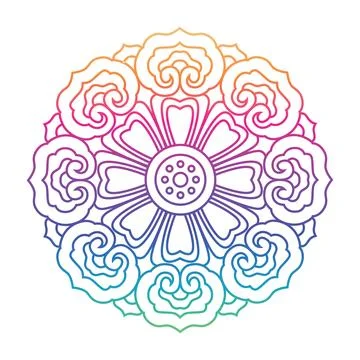 Rainbow gradient mandala ornament with thin line art floral symmetry isolated on Stock Illustration