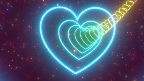 Rainbow Gradient Neon Glowing Beautiful Love Heart 3D Endless Tunnel Stock Footage 246904460