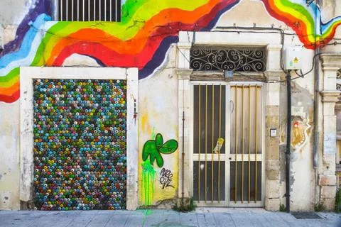 Rainbow graffiti on the old wall Foto stock