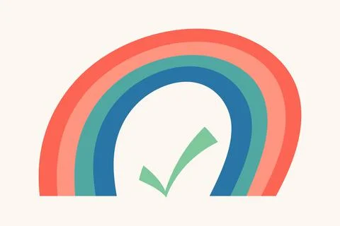 Rainbow with green check mark flat vector cartoon colorful illustration isolated Stock Illustration