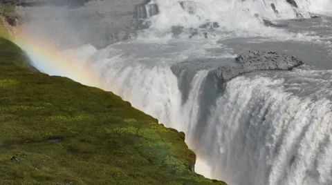 Rainbow at the Gullfoss waterfall on a sunny day, Iceland Stock Footage 33795412