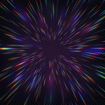 Rainbow halo rays isolated on dark transparent background. Holographic lens Stock Illustration