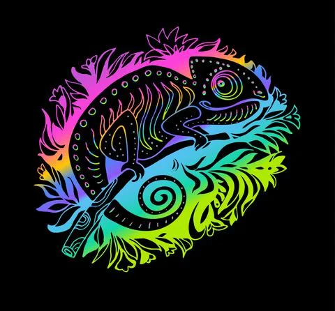 Rainbow Hand Drawn Vector Doodle Chameleon Isolated om Black. Stock Illustration