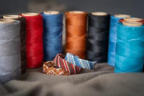 Rainbow of Handmade macrame bracelets Stock Photos